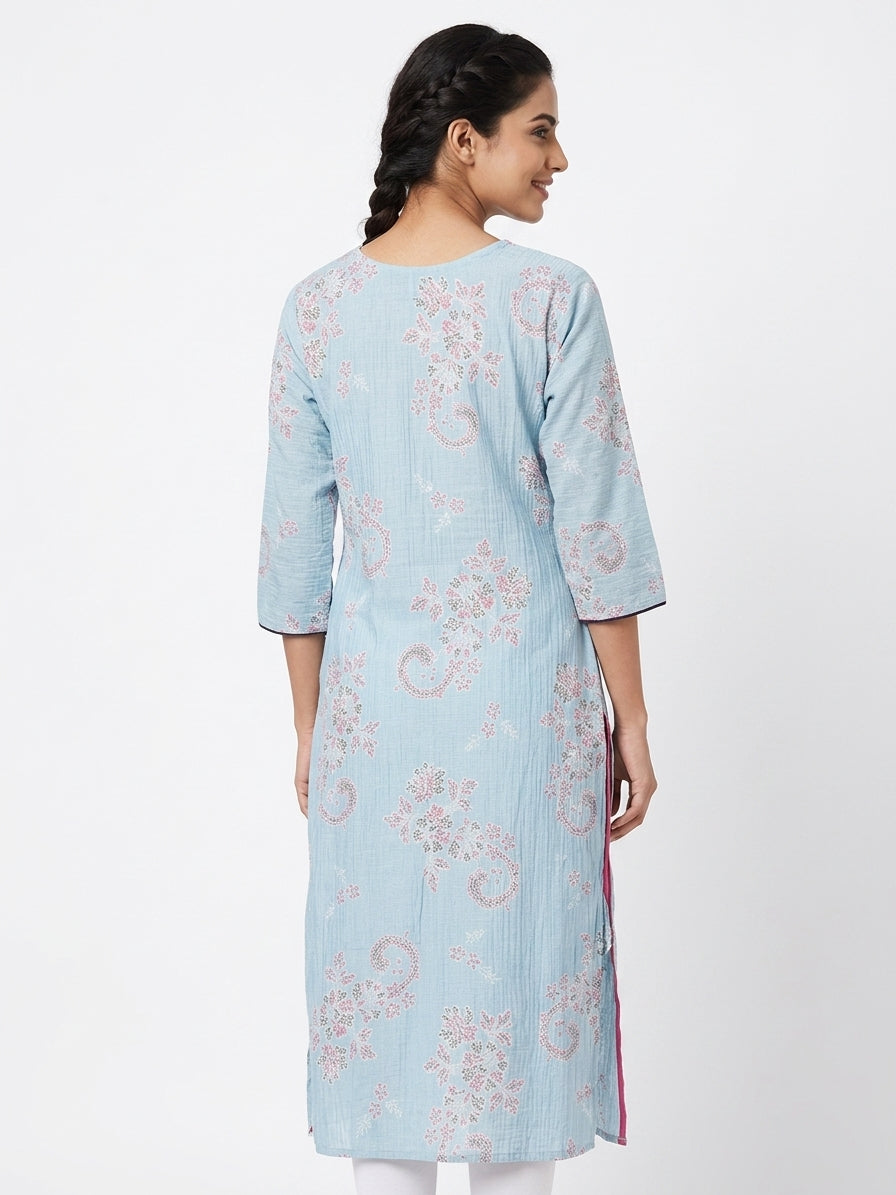 Light Blue Ethnic Print Cotton Kurti