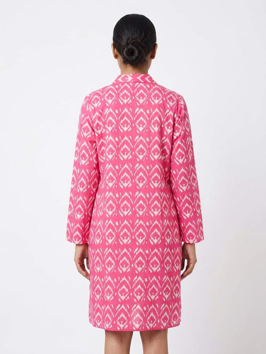 Women's Pink Ethnic Print Open Front Long Shrug