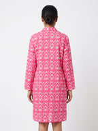 Women's Pink Ethnic Print Open Front Long Shrug