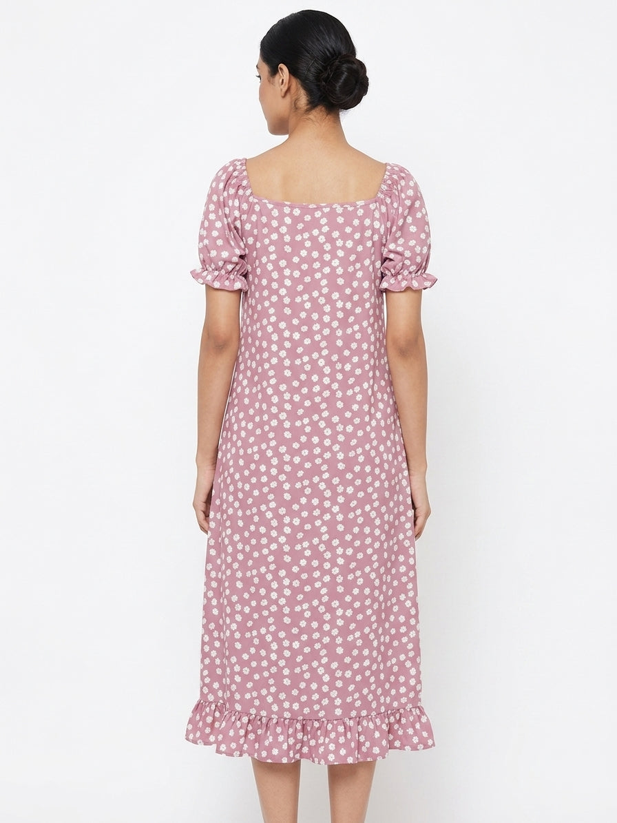 Mauve Floral Print Sweetheart Neck Puff Sleeve Dress