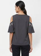 Women's Charcoal Floral Embroidered Cold Shoulder Top
