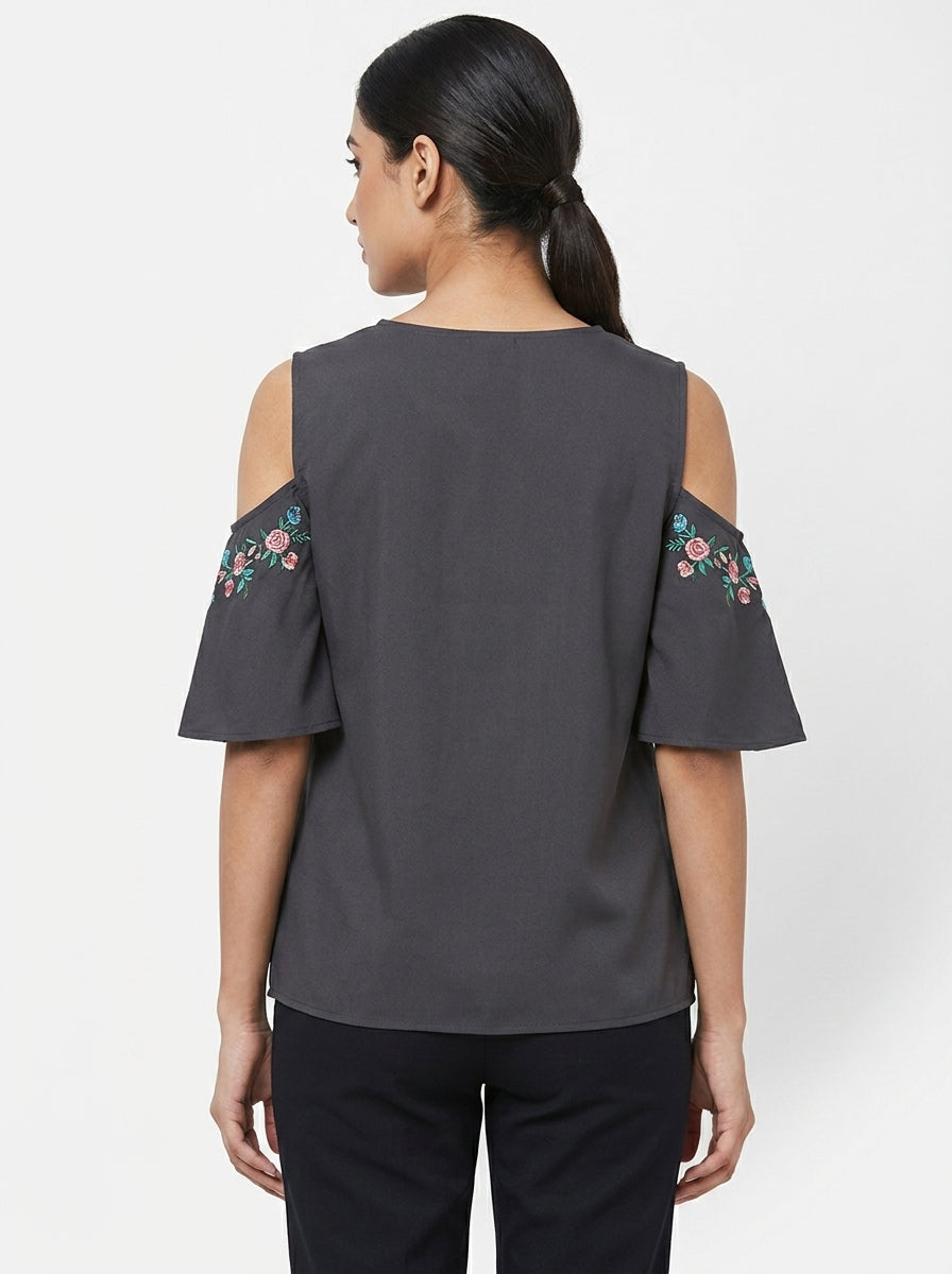 Women's Charcoal Floral Embroidered Cold Shoulder Top