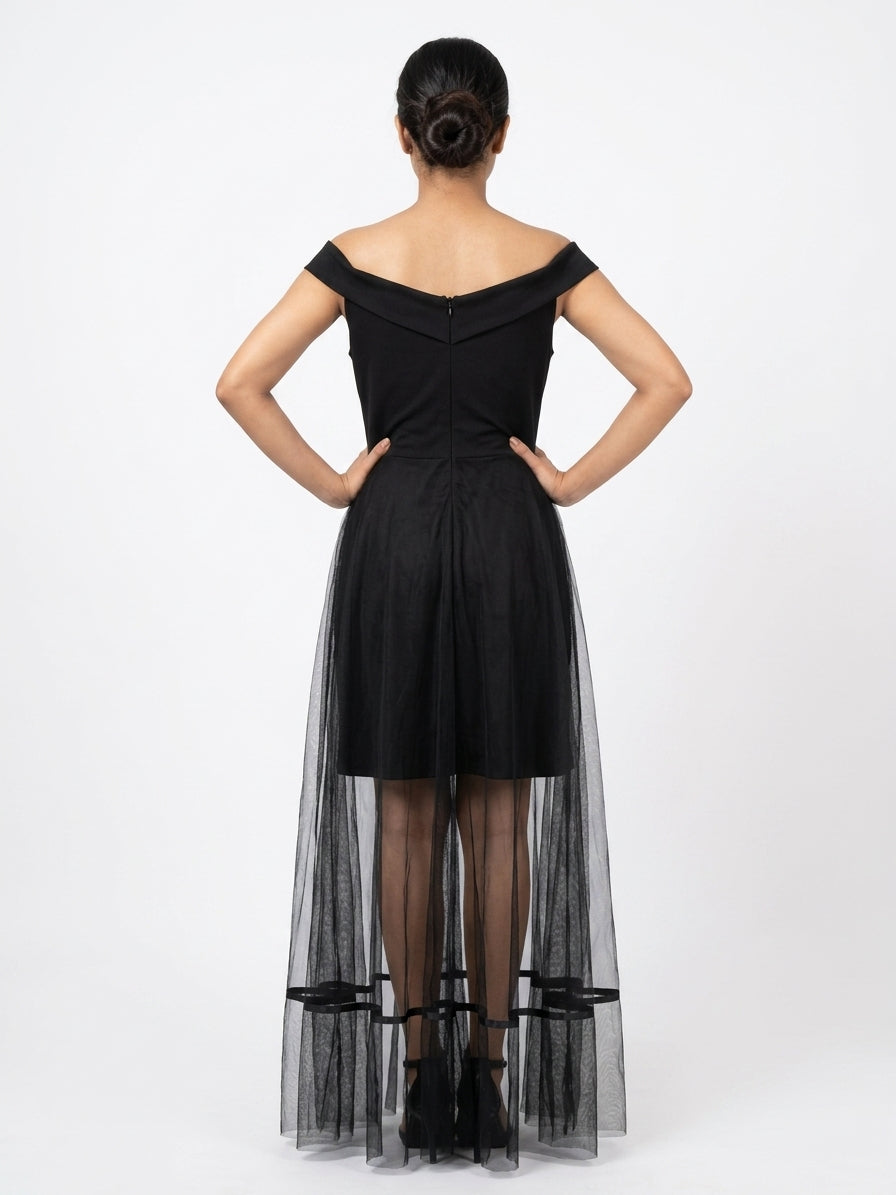 Black Off-Shoulder Net Overlay Party Dress