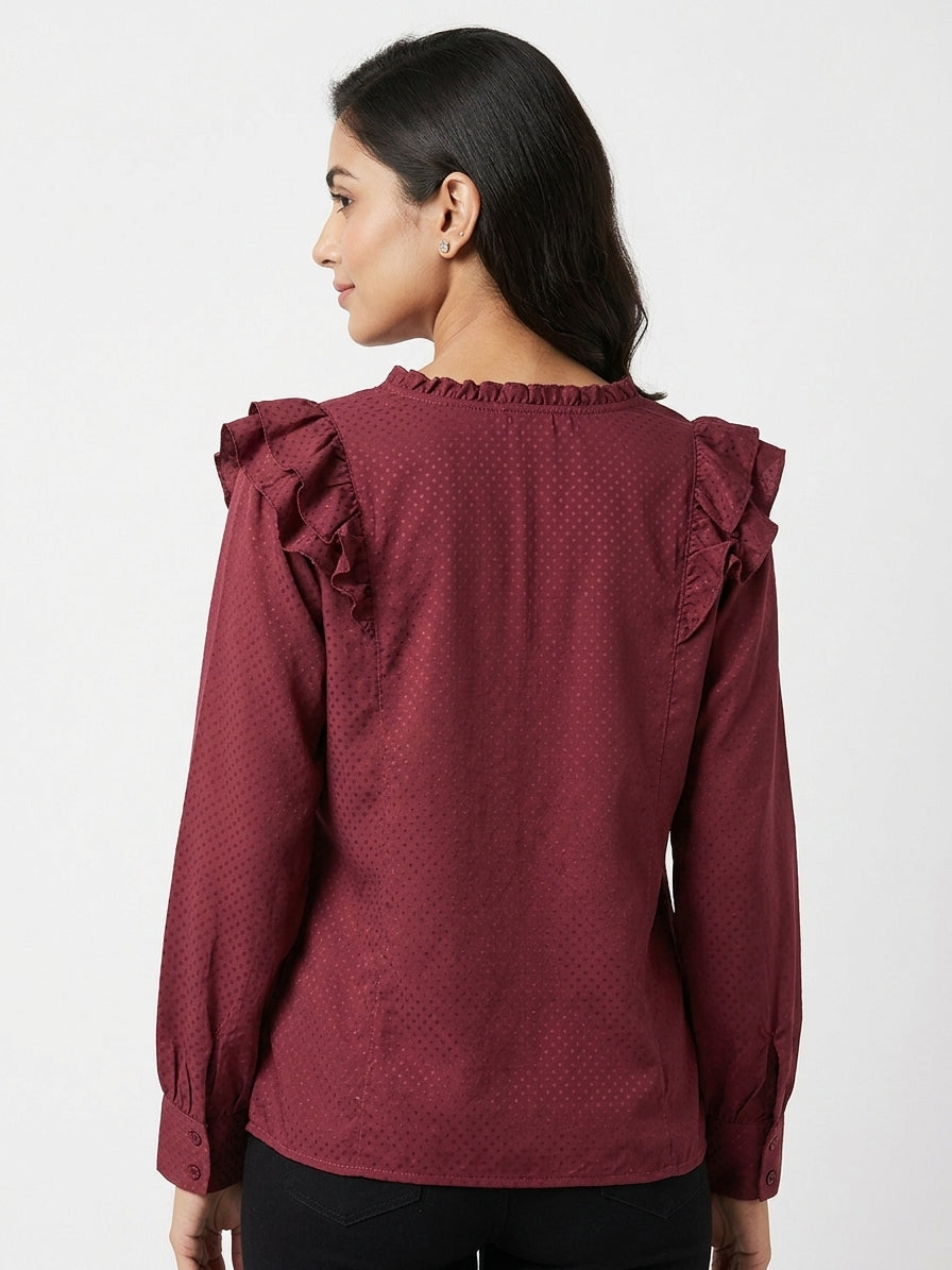 Women's Wine Self Design Ruffled Long Sleeve Blouse