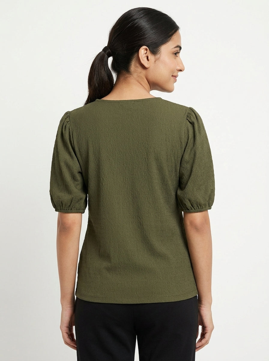 Women's Dark Olive Solid Textured V-Neck Button-Down Top