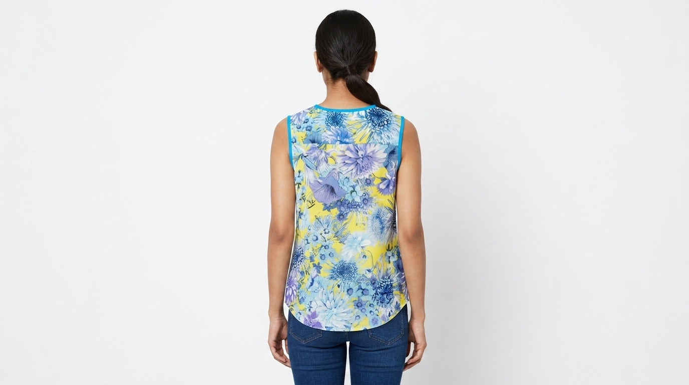Multi Floral Printed Sleeveless Top with Blue Trim