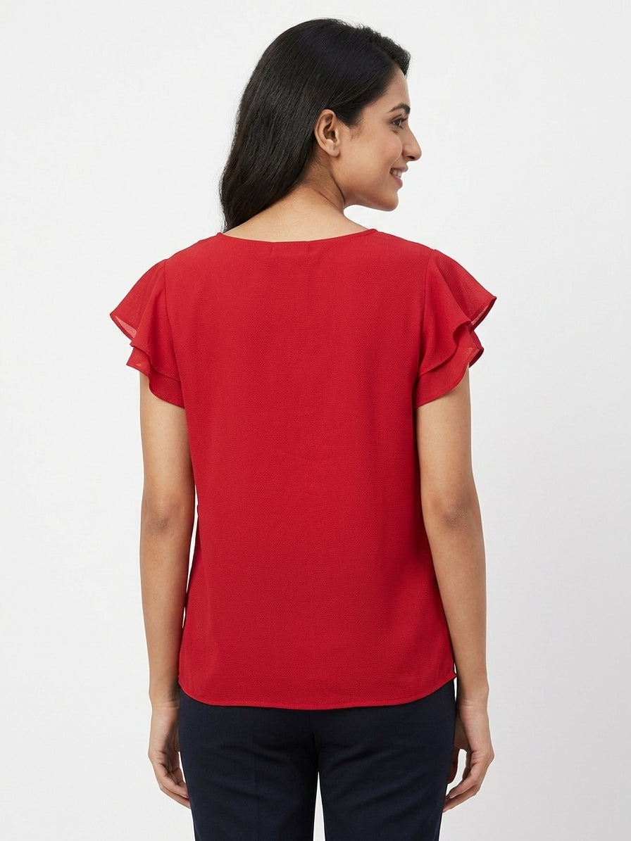 Women's Red Solid V-Neck Flutter Sleeve Top