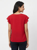 Women's Red Solid V-Neck Flutter Sleeve Top