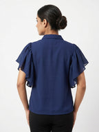 Dark Blue Solid Ruffled Sleeve Collared Top