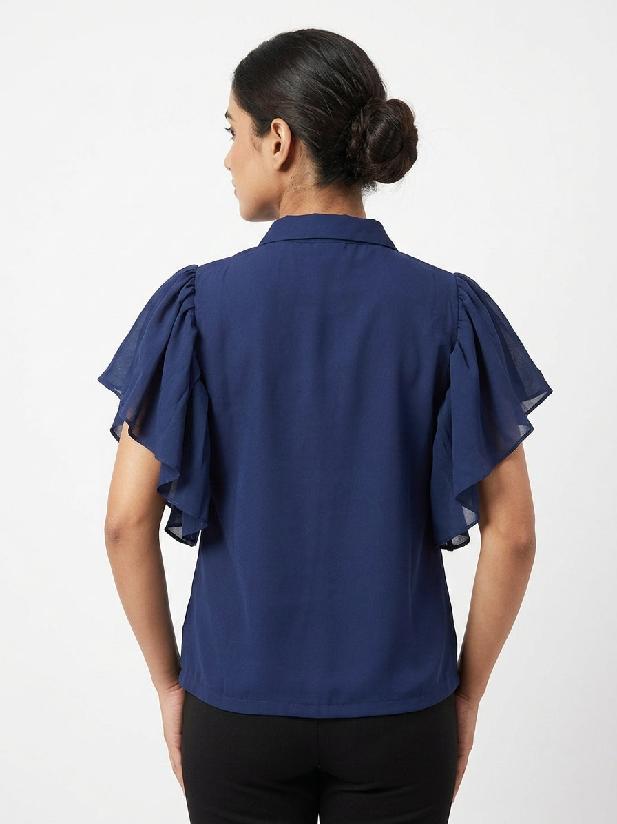 Dark Blue Solid Ruffled Sleeve Collared Top