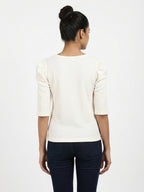 Women's Off White Textured Puffed Sleeve Casual Top