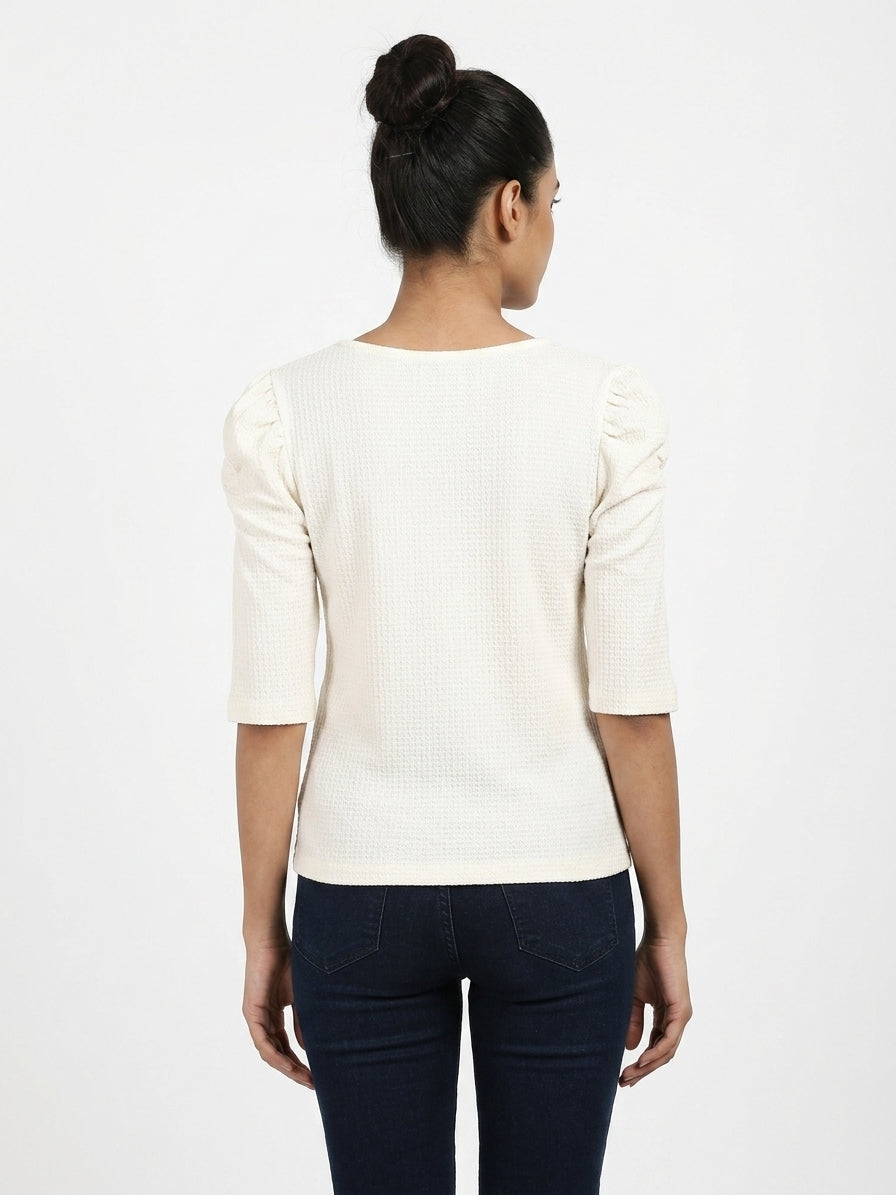 Women's Off White Textured Puffed Sleeve Casual Top