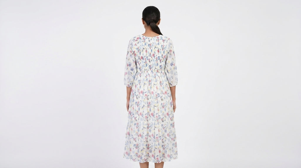White Floral Print Smocked Flared Dress