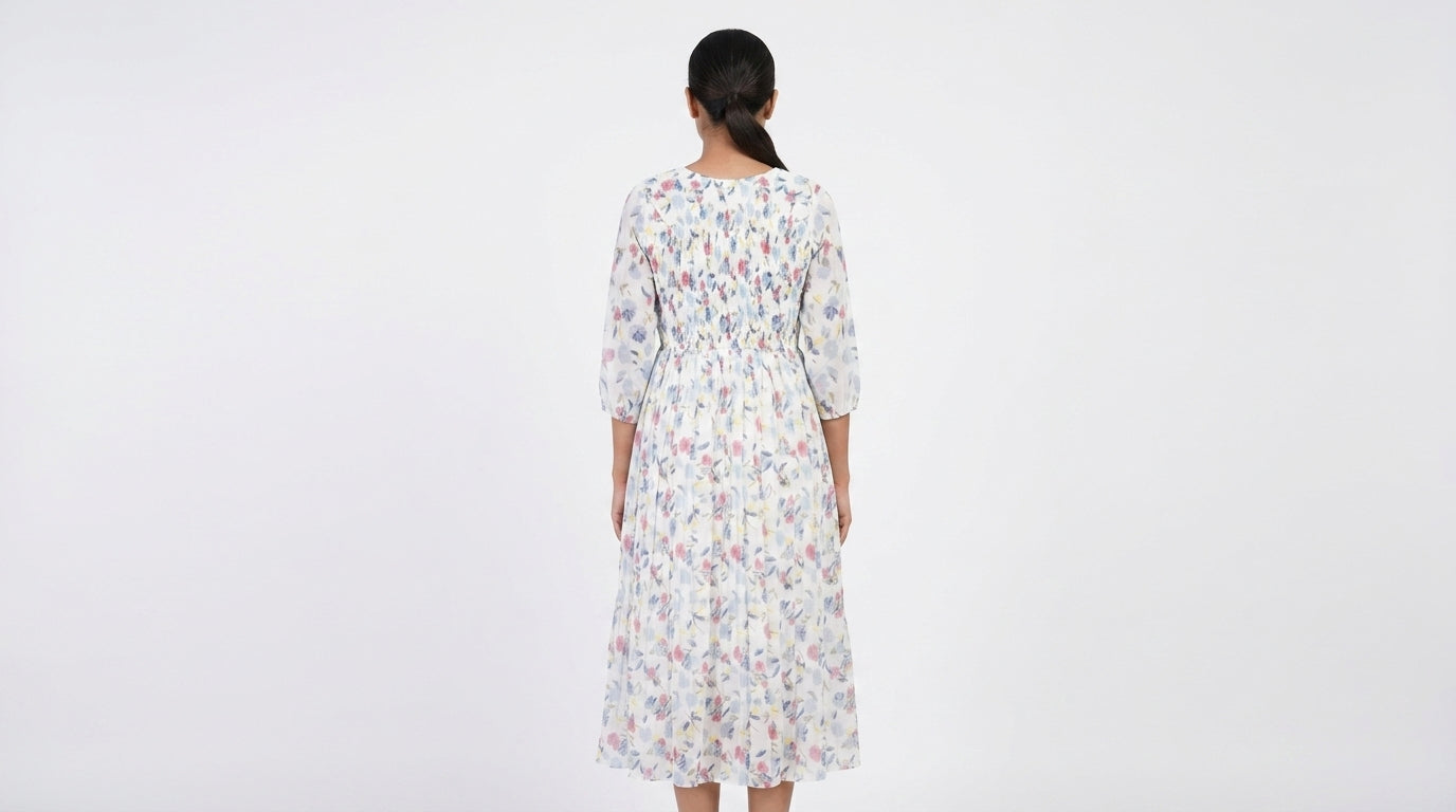 White Floral Print Smocked Flared Dress