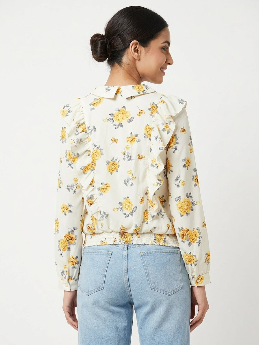 Off White Floral Ruffle Full Sleeve Top