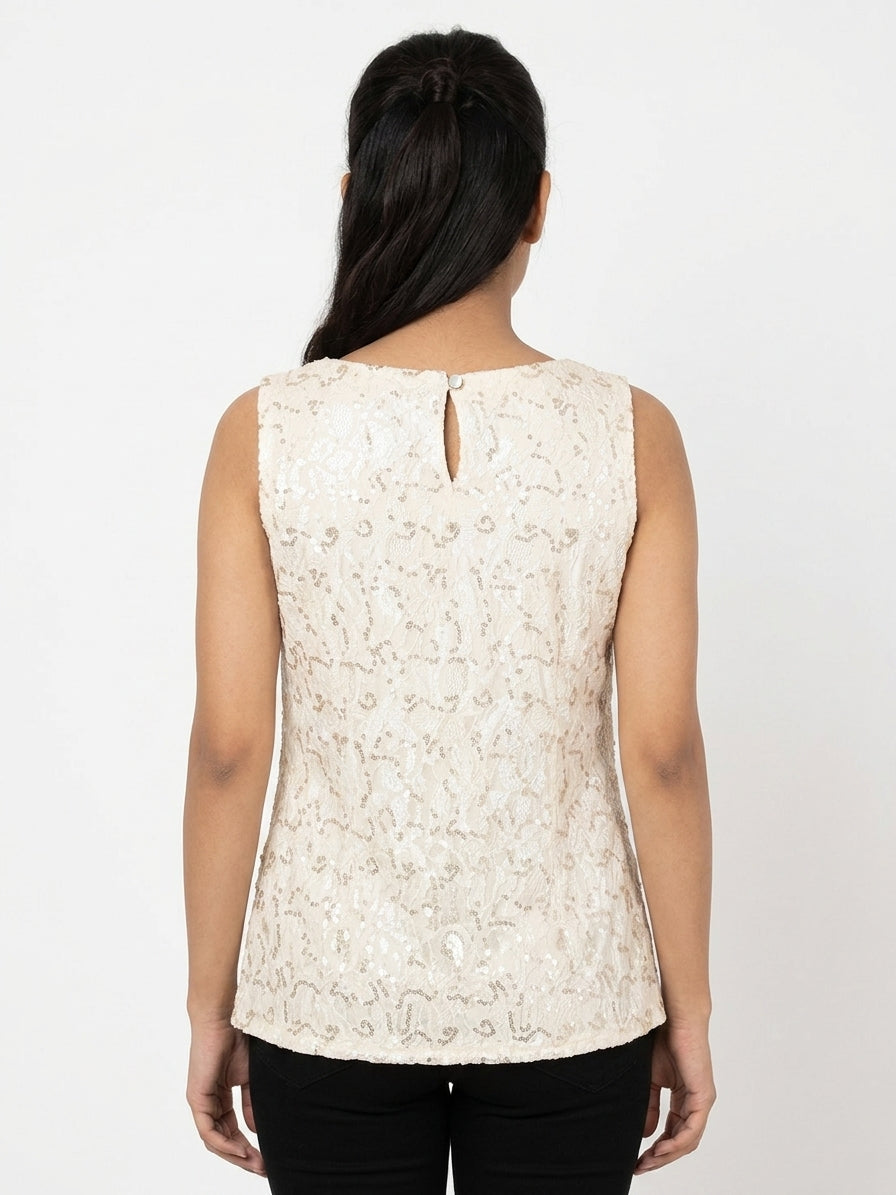 Women's Cream Embellished Sleeveless Top