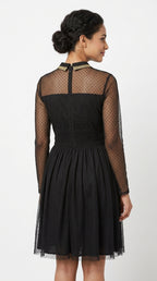 Black Sheer Sleeve Printed Flared Dress