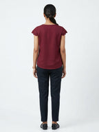 Wine Red Solid Keyhole Neck Scalloped Sleeve Top