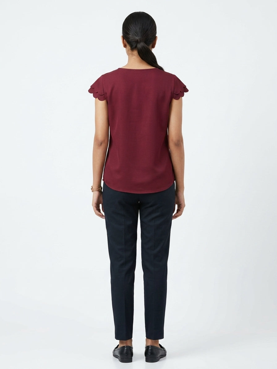 Wine Red Solid Keyhole Neck Scalloped Sleeve Top