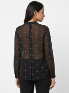 Women's Black Sheer Star Print Long Sleeve Top