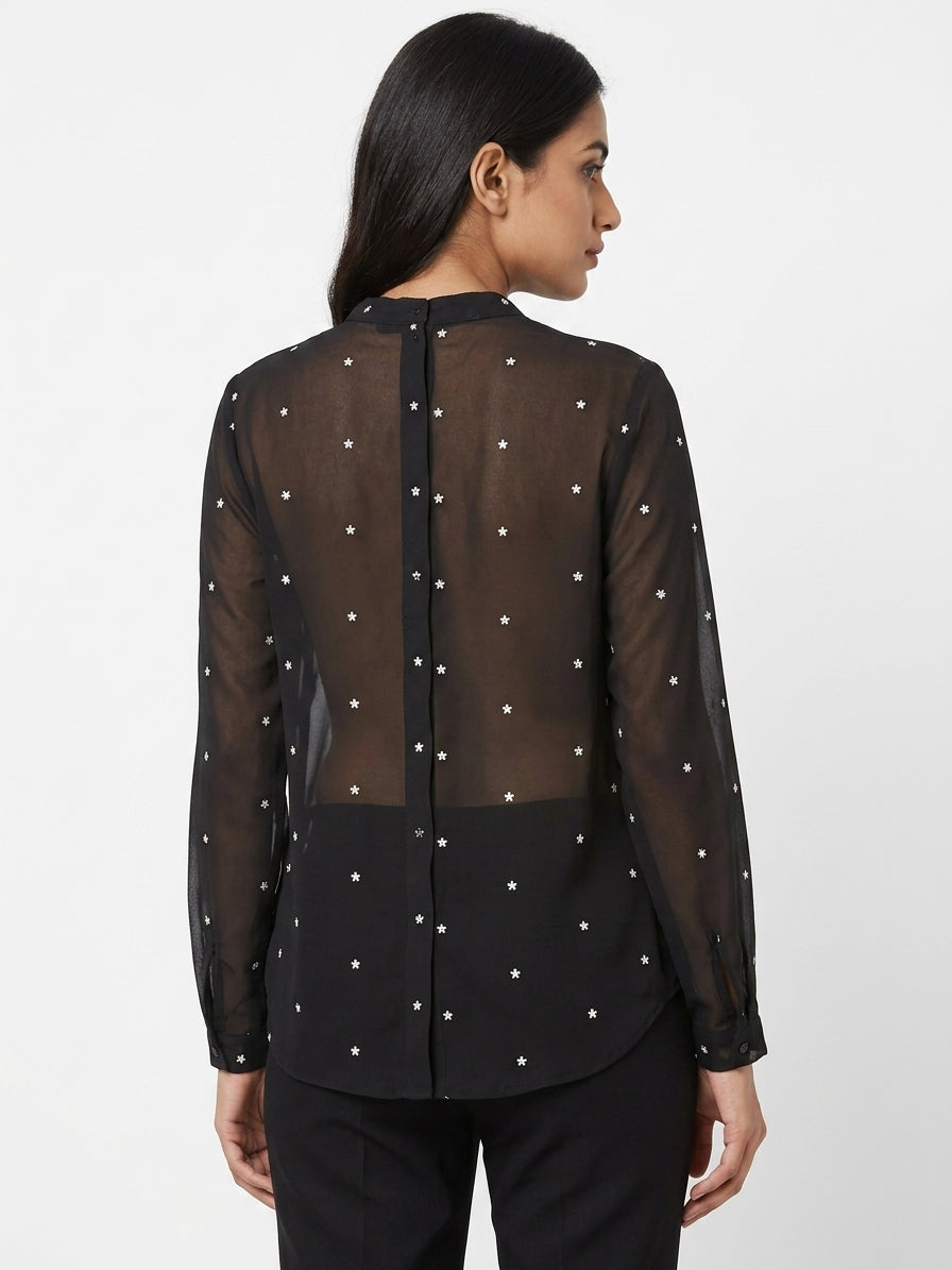 Women's Black Sheer Star Print Long Sleeve Top