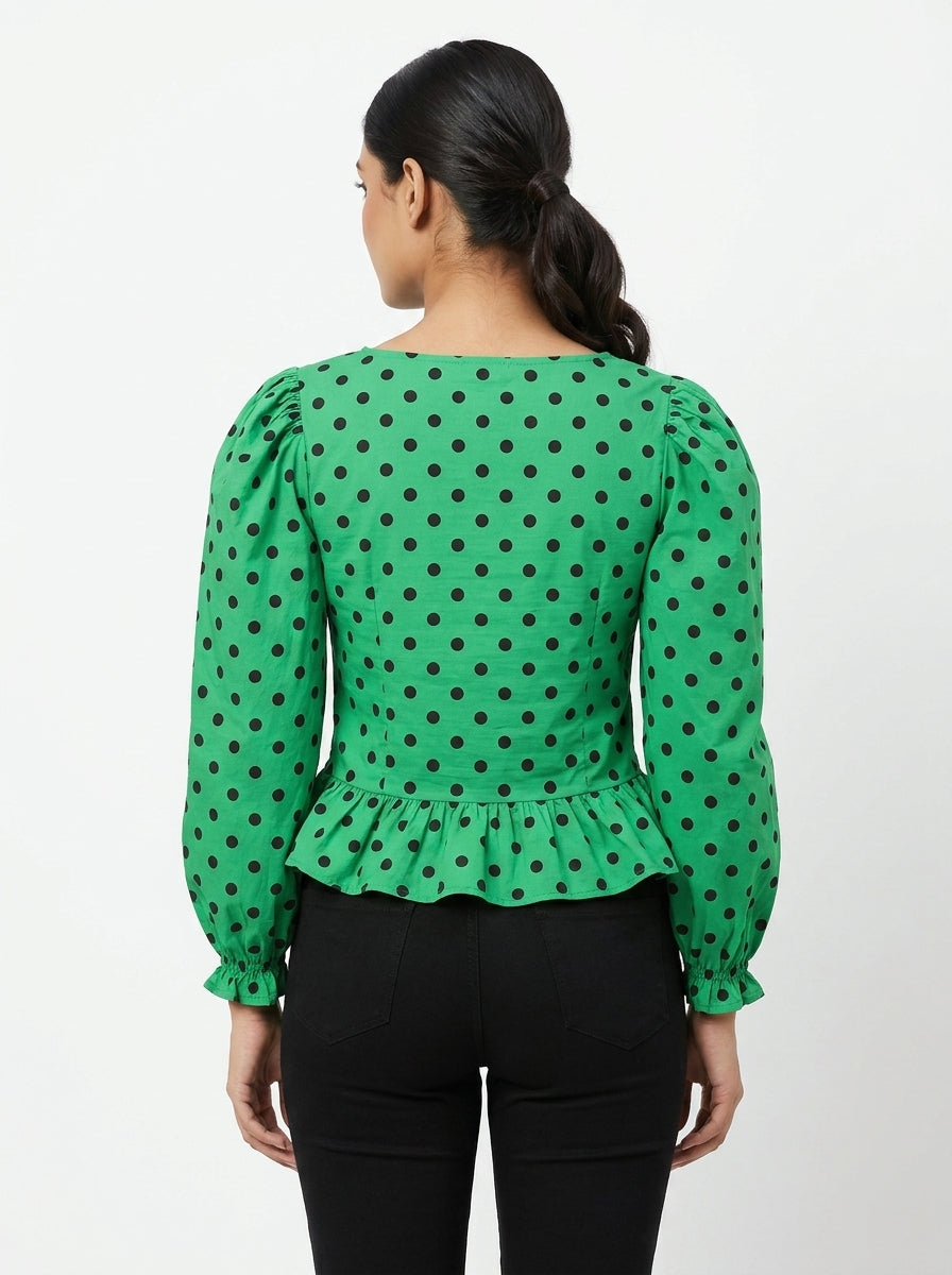 Green Polka Dot Puff Sleeve Top