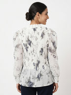 Off White Floral Printed Pleated Top with Bishop Sleeves