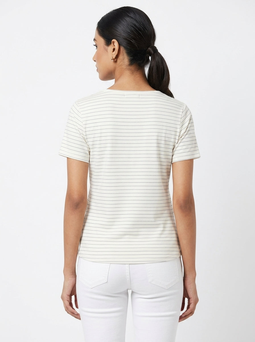 Women's Off White Striped Wrap V-Neck Top