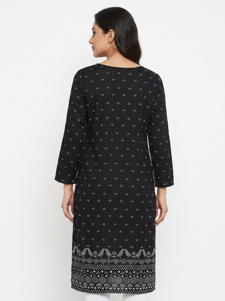 Black Printed Kurti with Ethnic Border Design