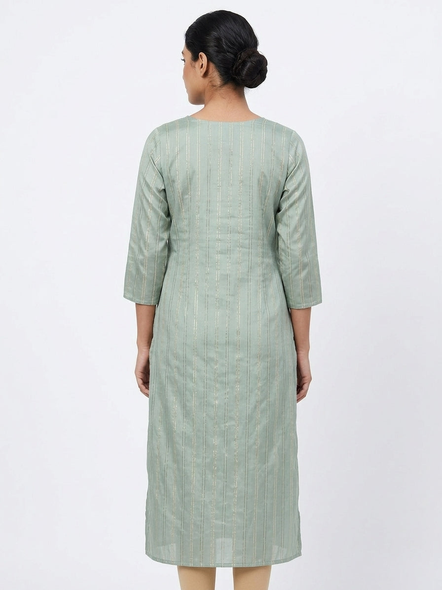 Sea Green Embellished Striped Straight Kurti