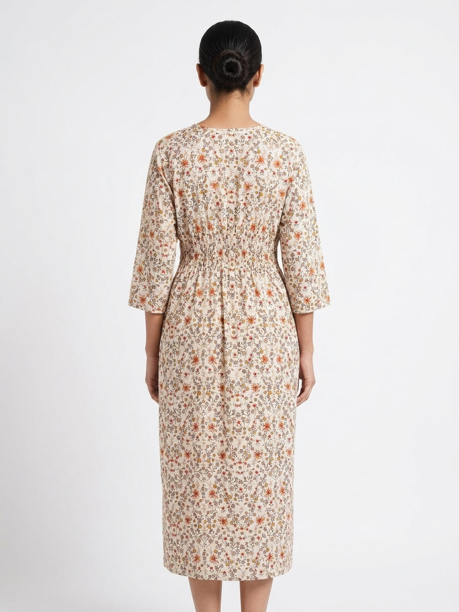 Off White Floral Printed Relaxed Fit Dress