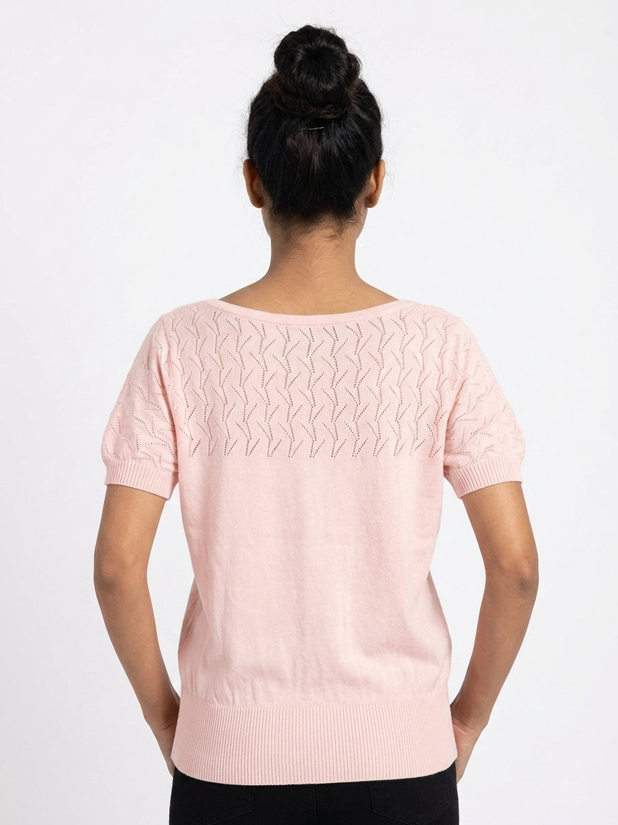 Women's Pink Self-Design Knit Short Sleeve Top