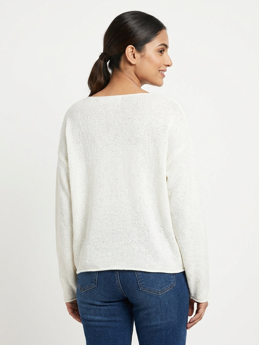 Off White Solid Relaxed Fit Knitted Sweater