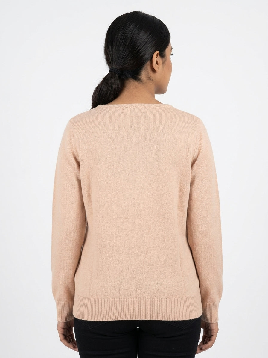 Women's Beige Solid Round Neck Sweater