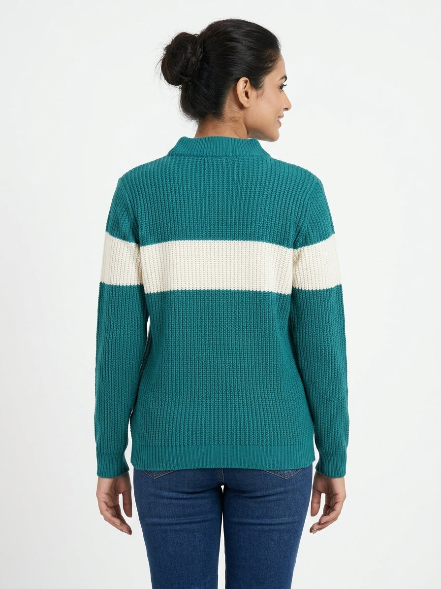 Teal and Off-White Colourblock Knit Sweater