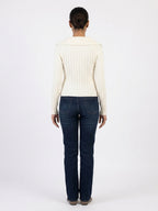 Cream Ribbed Full-Zip Knit Sweater with Collar