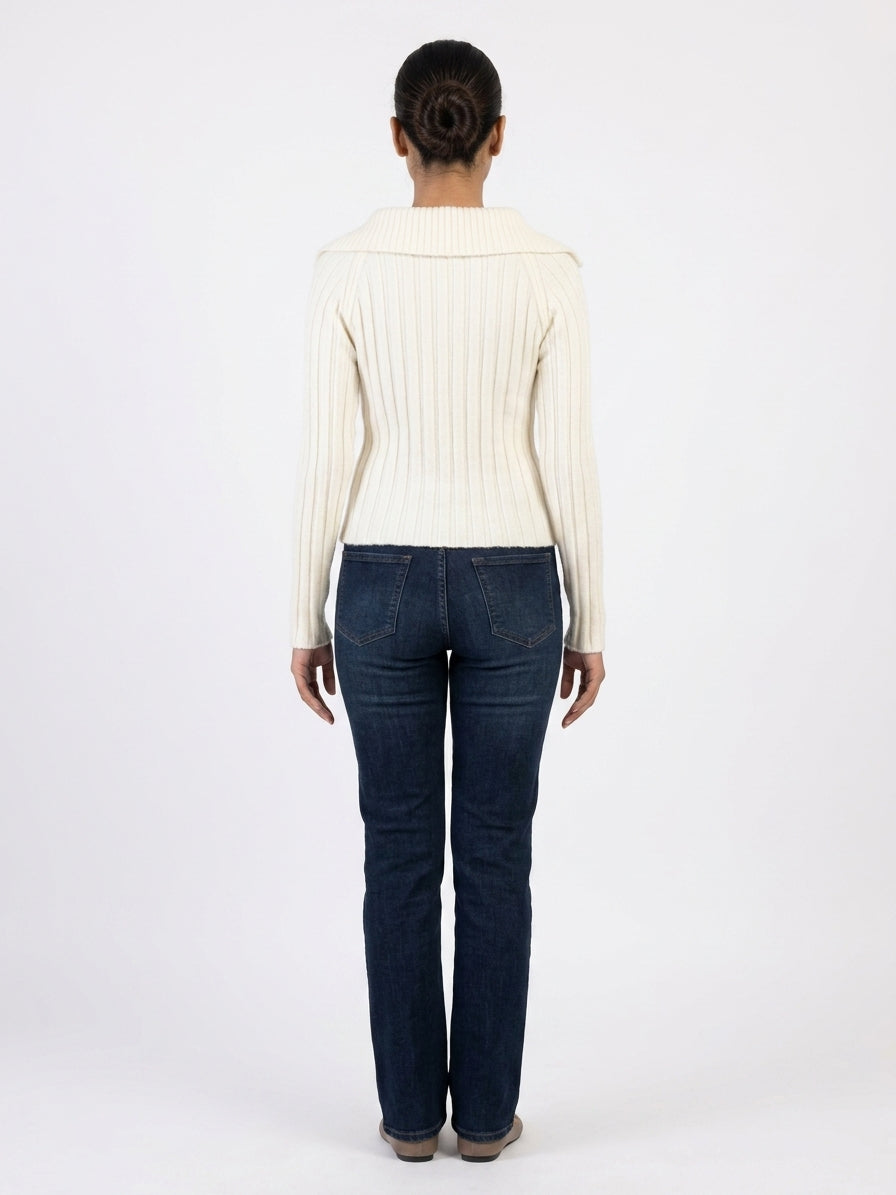 Cream Ribbed Full-Zip Knit Sweater with Collar