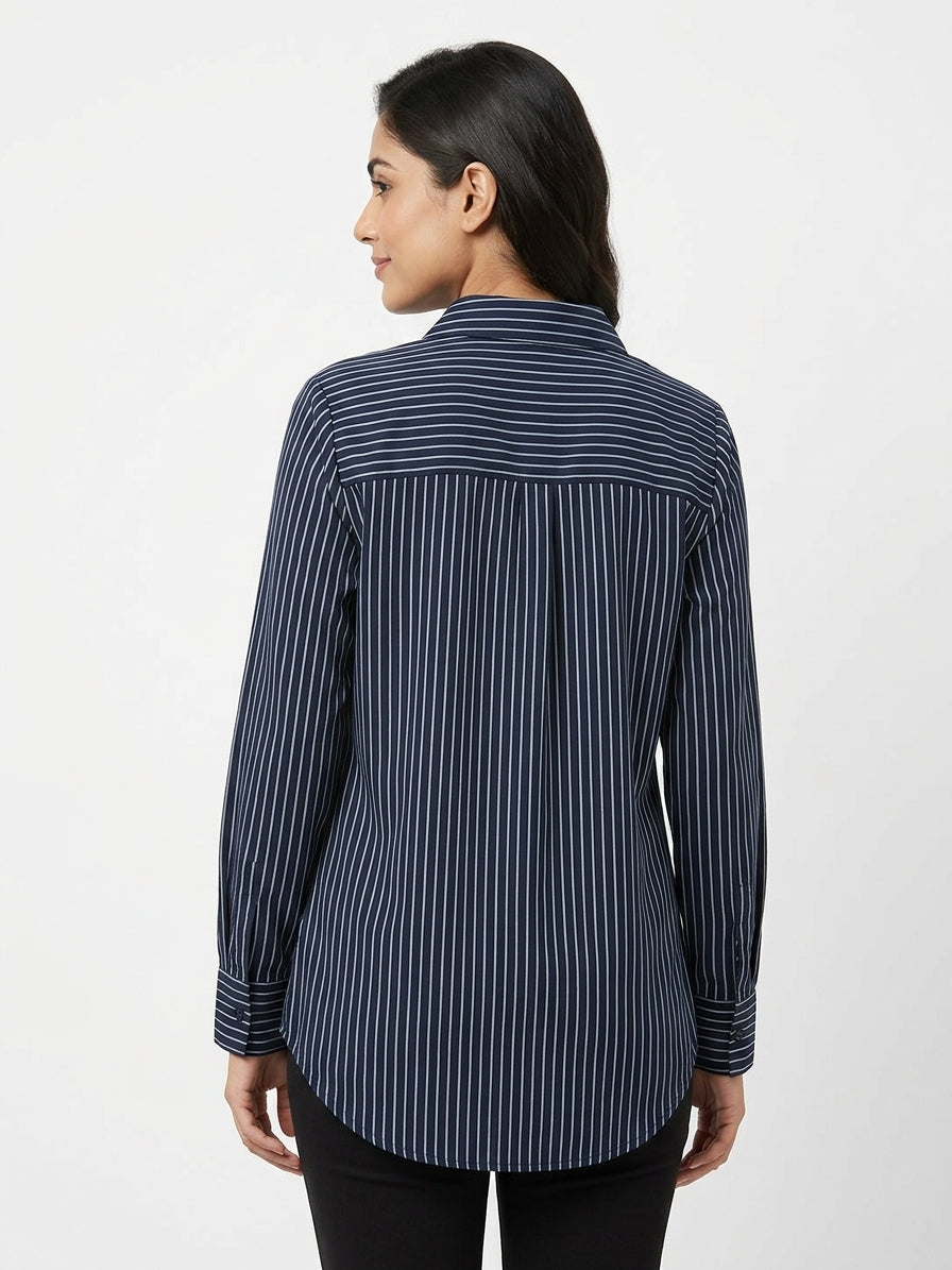 Navy Striped Regular Fit Casual Shirt
