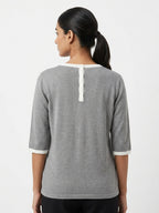 Women's Grey Solid Knit Button-Up Sweater with White Trim