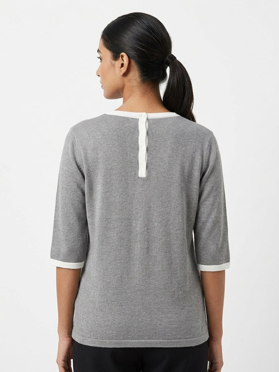 Women's Grey Solid Knit Button-Up Sweater with White Trim