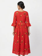 Red Floral Embroidered Flared Cotton Dress