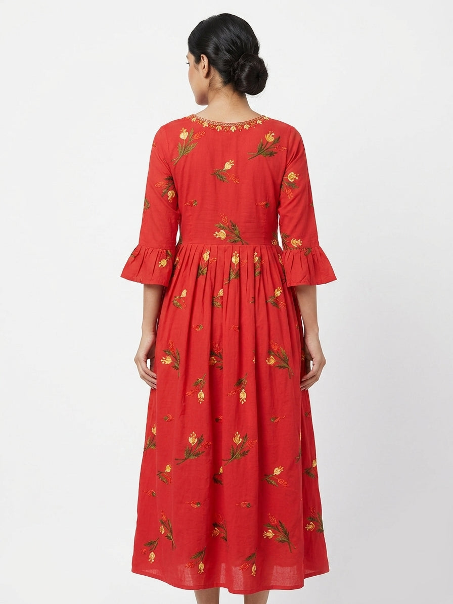 Red Floral Embroidered Flared Cotton Dress