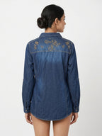 Women's Dark Blue Embellished Denim Casual Shirt