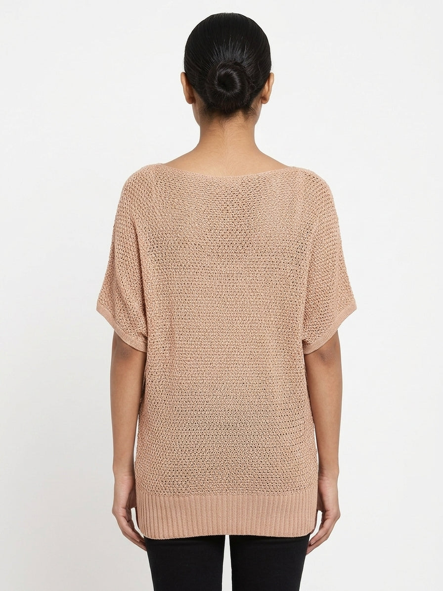 Women's Tan Knitted Relaxed Fit Sweater with Pockets
