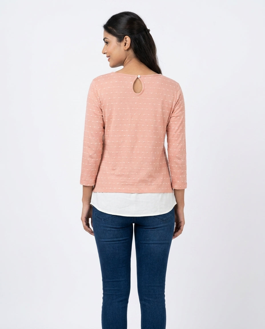 Women's Peach Textured Long Sleeve Layered Top