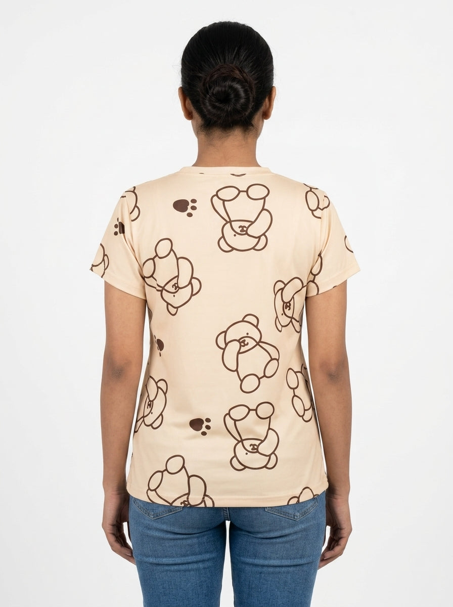 Beige Printed T-Shirt with Bear Design