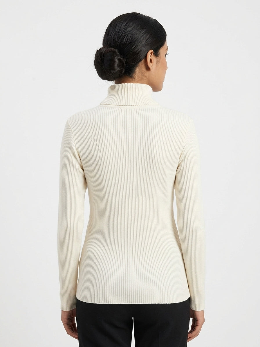 Women's Off White Ribbed High Neck Sweater