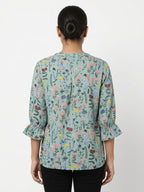 Sea Green Floral Printed Regular Fit Top