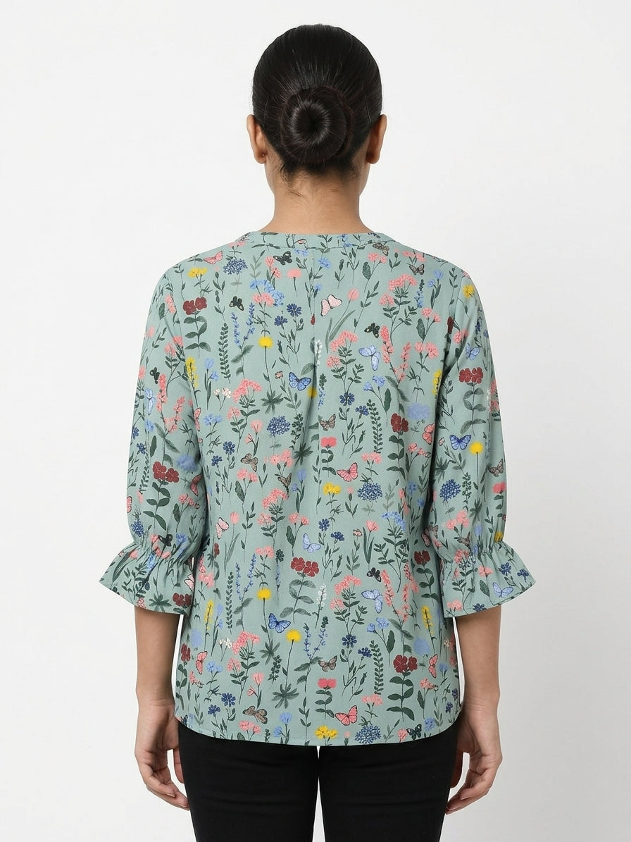 Sea Green Floral Printed Regular Fit Top