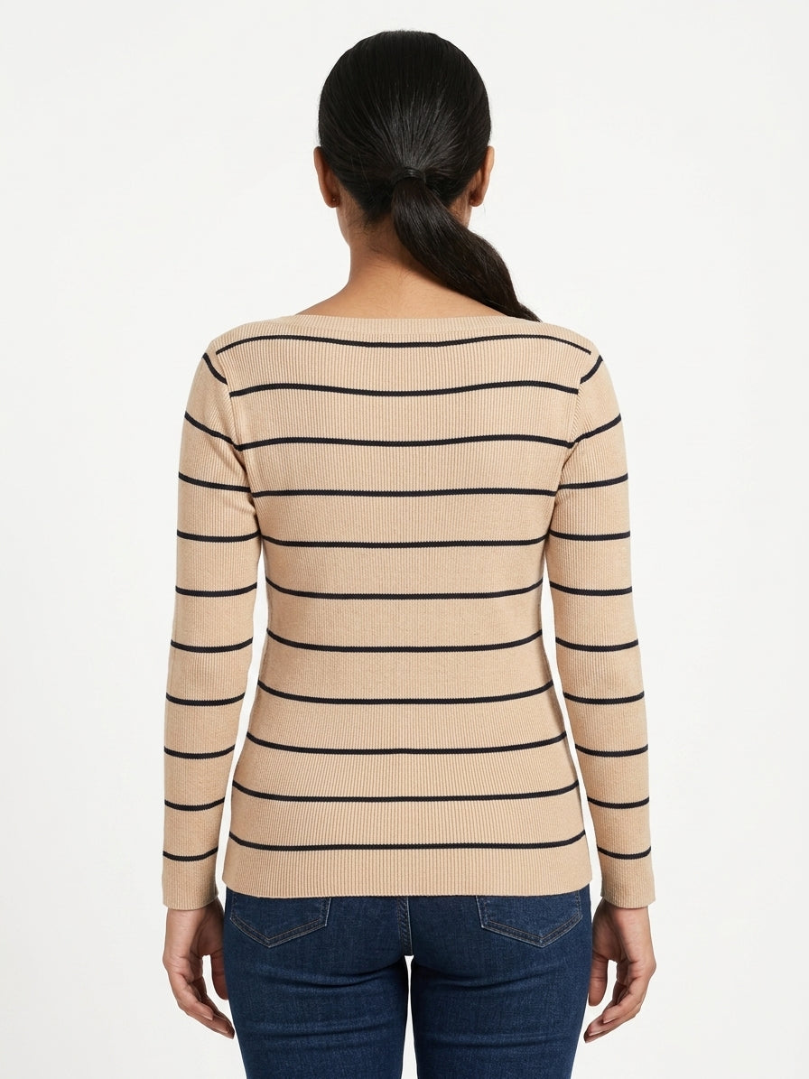 Beige Striped Knit Long Sleeve Sweater